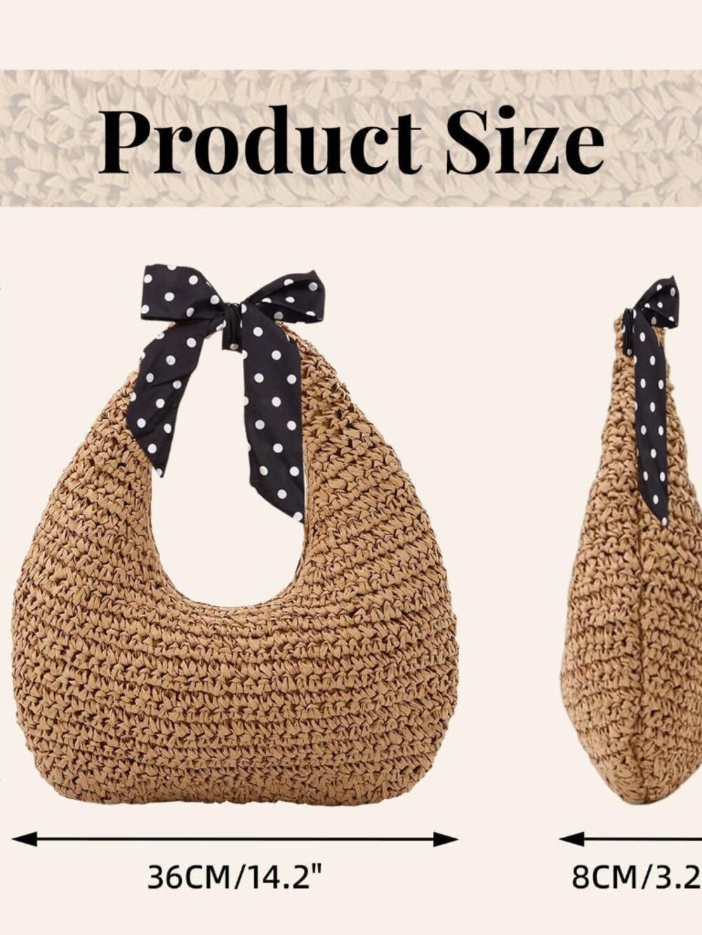 Straw Bag for Women, Summer Beach Tote Purse with Zipper, Raffia Woven Bag, Tote - Picture 4 of 7
